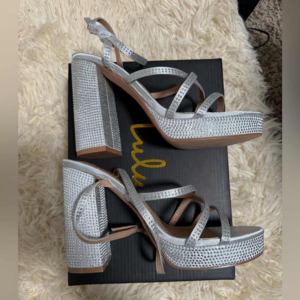 Lulu’s Emiliaa Silver Rhinestone Strappy Platform High Heel Sandals